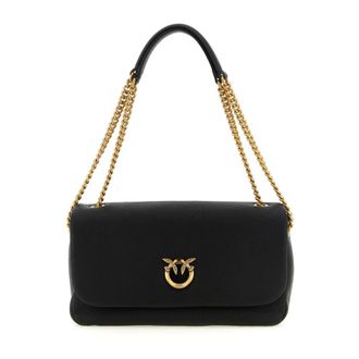 Pinko Pinko - Love Birds Leren Schoudertas met Kettingriem - Dames - Tassen - Zwart - Maat: ONE Size Katoen