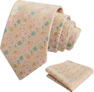 Alizeal Mens Floral Patterned Wedding Party Tie with Pocket Square 8cm Colorful Classic Business Tie Set, Champagne+Pink