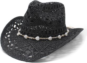 Generic Womens Western Cowboy Straw Hat Adults Spring Summer Comfortable Foldable Wide Brim Hollow Out Printing Adjustable Strap Pearl Chain Breathable Sun Ha