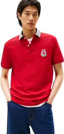 Tommy Hilfiger Mens Short Sleeve Casual Polo Shirts in Regular Fit with Crest and Collar Designs, Medium Red, Large