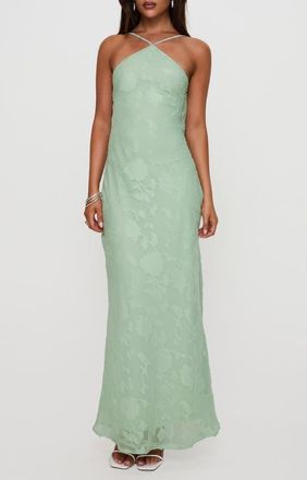 Princess Polly Zoelle Floral Jacquard Strappy Back Gown in Sage at Nordstrom, Size 12