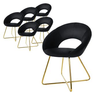 ML Design Ml-design - 6x Sillas De Comedor Negras Ergon&oacute;micas Asiento Tapizado Aspecto Terciopelo Patas De Metal Doradas Con Respaldo Redondo Y Reposabrazos Sil