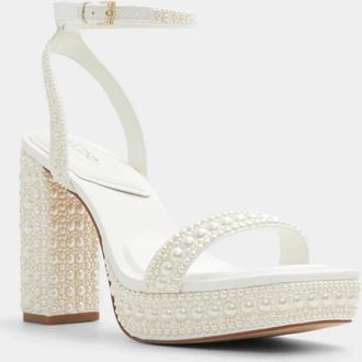 Aldo Womens Aldo Lulu Strappy White Pearl Block Heel Platform Sandals GAL1768