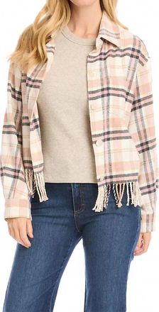 Karen Kane Rose Plaid Fringe Shirt Jacket In Pink, Black And White