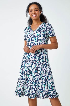 Roman Floral Frill Hem Stretch Dress
