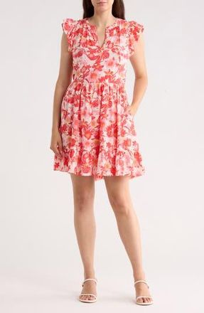 Caslon Print Ruffle Shoulder Minidress in Ivory Coral Palm Floral at Nordstrom Rack, Size X-Small