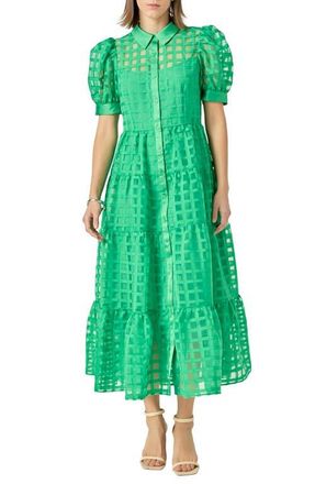 English Factory Grid Pattern Tiered Midi Shirtdress in Green at Nordstrom, Size X-Small