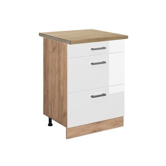Vicco Mueble Bajo De Cocina R-line, Blanco Alto Brillo, 60 Cm Con Cajones, Et Roble