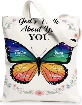 Generic Butterfly Canvas Tote Bags, Floral Pattern Reusable Grocery Bags, Summer Vintage Lightweight Washable Shoulder Strap Canvas, White, 13x15 Inch