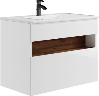 Vente-Unique Mueble de ba&ntilde;o flotante con LEDs y lavabo empotrado - Blanco y natural oscuro - Ancho 80 cm - POZEGA