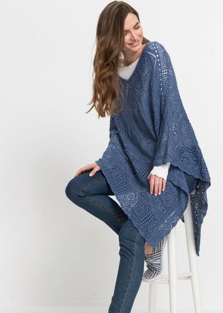 Bonprix Strickponcho BONPRIX Poncho, Damen, blau (jeansblau), Obermaterial: 50% Baumwolle, 50% Polyacryl, figurumspielend, Pullover Strickponcho, aus Baumwoll