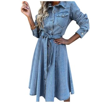 Generic Nidddiv Denim Dress Ladies Casual Dresses Long Sleeve Summer Midi Dress Button Down High Waist Dress Fashion Denim Dresses Washed Blue Dresses for Wom