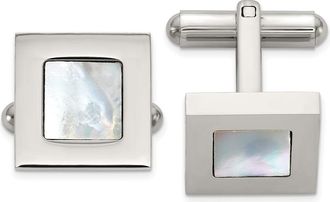 Diamond2Deal Stainless Steel Polished with Mother of Pearl Inlay Square Cuff Links