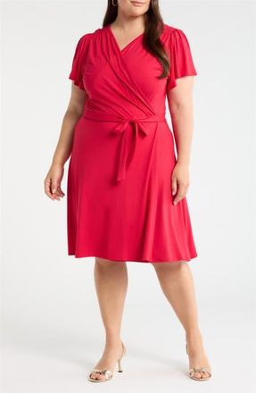 Loveappella Flutter Sleeve Faux Wrap Jersey Dress in Red at Nordstrom, Size 1X