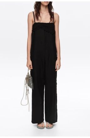 Bimba & Lola Linen Crochet Neckline Jumpsuit in Black at Nordstrom, Size Xx-Small Eu