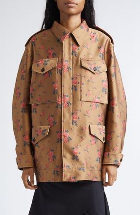 Monse Floral Embroidered Satin Utility Jacket in Brown at Nordstrom, Size 2