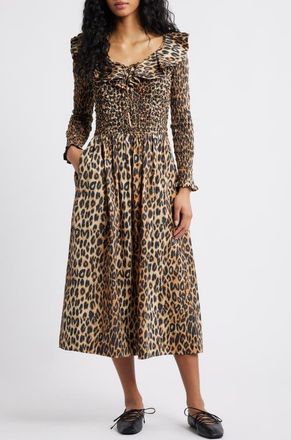 Damson Madder Harper Smocked Long Sleeve Midi Dress in Leopard at Nordstrom, Size 10 Us