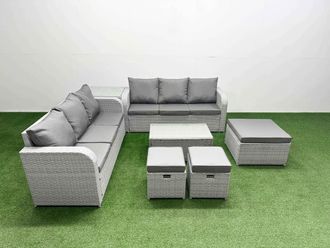 Fimous Outdoor Garden Furniture Sets 9 Seater Wicker Rattan Furniture Sofa Sets w/ Rectangular Coffee Table high Back Lounge Sofa 3 Stools Side Table