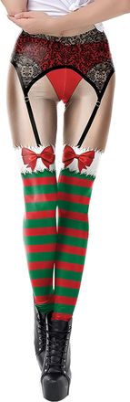 Feoya Womens Christmas Costumes Print Stretchy Leggings Xmas Funny Tights Santa Striped Leggings Yoga Skinny Pants Festival Trousers Workout Running Pilates