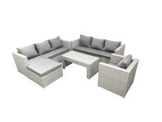 Fimous Wicker PE Rattan Sofa Garden Furniture Set with Oblong Coffee Table Armchair Big Footstool Light Grey Mixed