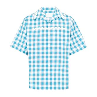 Prada Short Sleeve Shirts, male, Blue, M, Checked Cotton Shirt
