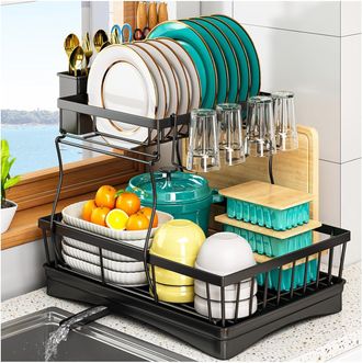 OEM Escurridor De Platos De 2 Niveles Para Encimera De Cocina - Escurridor De Platos Que Ahorra Espacio Con Soporte Para Utensilios, Color Negro