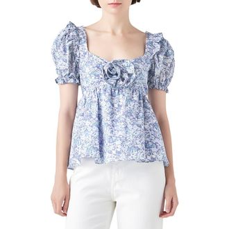 English Factory Floral Print Cotton Top in Blue Multi at Nordstrom Rack, Size X-Small
