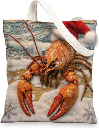 Generic Beach Christmas Crawfish Canvas Tote Bag for Shopping 13x15, Embroidery Coastal Sea Xmas Reusable Grocery Print Pattern Bag for Women Men, Holiday Bea