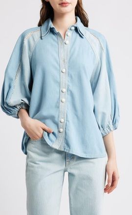 Farm Rio Two-Tone Denim Button-Up Shirt at Nordstrom, Size Xx-Small
