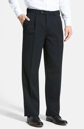 Berle Self Sizer Waist Pleated Classic Fit Wool Gabardine Dress Pants in Black at Nordstrom, Size 33 X Unhemmed