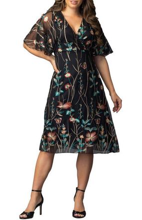 Kiyonna Sonnet Embroidered Cocktail Dress in Onyx at Nordstrom, Size X-Large