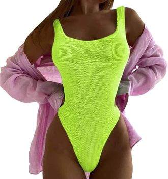 Generic Ruched Tummy-Control Swimsuit Beach Swimwear Neon Yellow Bikini Tummy High Waisted Bathing Suit Wrap Tie Back Monokini Swimwear 1 Piece Swimsuit Sexy 