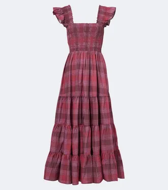 Rixo Kendall shirred plaid cotton maxi dress
