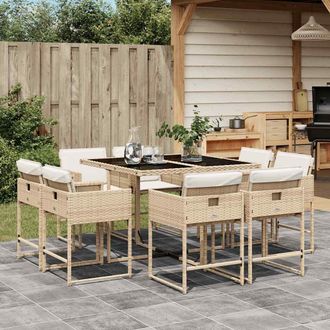 vidaXL Set Comedor De Jard&iacute;n 9 Pzas Con Cojines Rat&aacute;n Sint&eacute;tico Beige Vidaxl