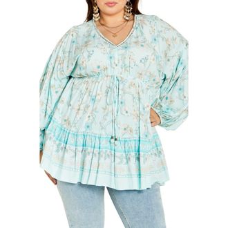 City Chic Spirited Floral Print Tunic Top in Seafoam Spirited Fl at Nordstrom Rack, Size Xs/14W