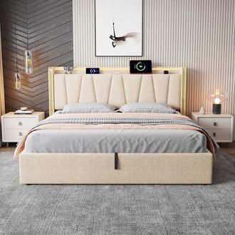 Merax Upholstered Bed Frame with Hydraulic Storage, USB & Type-C Ports in Beige | Size: Double