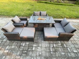 Fimous 8 Seater Rattan Garden Furniture Set Outdoor Lounge Sofa Chair Gas Fire Pit Dining Table Set With 2 Big Footstool Double Seat Sofa Armchiar