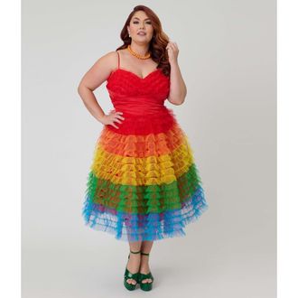 Unique Vintage Plus Size Tulle Sweetheart Cupcake Swing Dress in Red Rainbow Stripe at Nordstrom, Size 1X