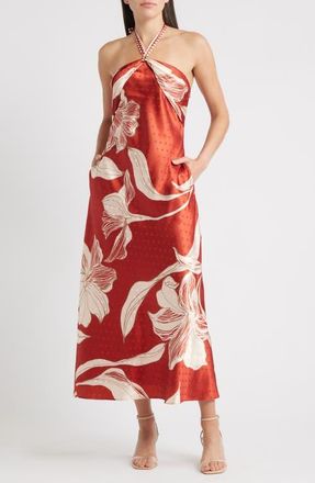 Ciebon Runie Floral Satin Halter Dress in Amber/Champagne at Nordstrom, Size X-Small