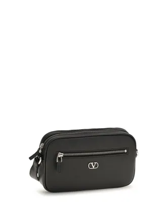 Valentino Garavani Mens Grained Leather Crossbody Bag With Zip Nero Calf Bos Taurus Shoulder