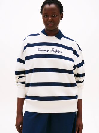 Tommy Hilfiger Sweatshirt TOMMY HILFIGER CURVE CRV SCRIPT REG PIQUE SWTSHRT, Damen, Gr. 50, ivory silk, schwarz night navy stp, Sweatware, Obermaterial: 85% Baumwoll