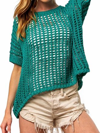 Bibi Short Sleeve Net Crochet Top In Jade
