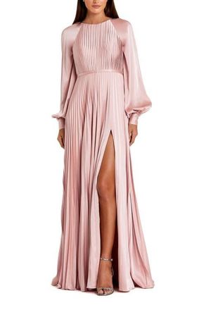 Mac Duggal Pleated High Neck Raglan Long Sleeve Side Slit Gown in Blush at Nordstrom, Size 10