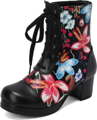 Generic Womens Floral Embroidered Ankle Boots Round Toe Mid Chunky Heels Lace Up Soft Upper Cushioned Insole Comfortable Non Slip Wear Resistant Dance Party C
