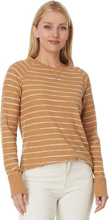 L.L.Bean Unshrinkable Mini-Waffle T-Shirts Long Sleeve Crew Neck Stripe Womens Clothing Honey Brown Painterly Stripe : MD, Cotton