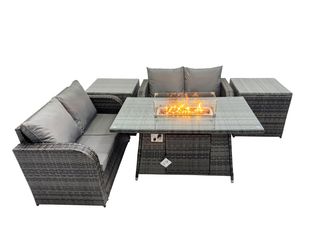 Fimous 4-seater Rattan Garden Furniture Dining Set with 2 Side Tables in Dark Grey