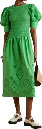 Ganni Green Cotton Smocked Dress Size L