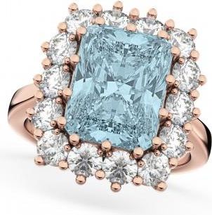 Allurez Emerald Cut Lab Aquamarine & Diamond Lady Di Ring 14k Rose Gold (5.68ct)