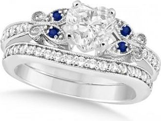 Allurez Heart Diamond & Blue Sapphire Butterfly Bridal Set in 14k W Gold (0.96ct)