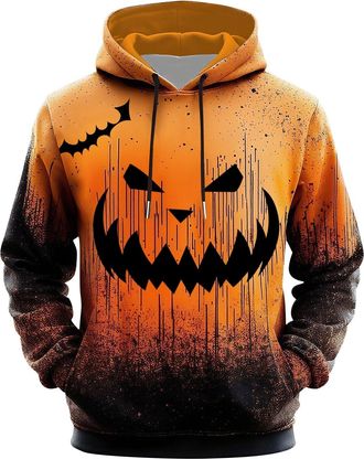 Generic Halloween Hoodies for Men Funny 3D Print Fleece Hooded Sweatshirt Long Sleeve Costumes Fall Winter Pullover Tops with Pocket, Z04-Orang, L
